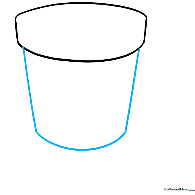 Completing the flower pot shape by drawing vertical sides and a curved base.