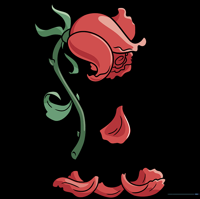Finished colored drawing of a dead rose with fallen petals.