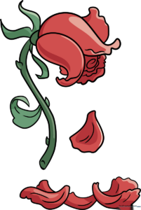 A completed, stylized drawing of a dead rose with a wilting stem and fallen petals.