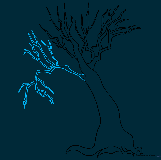 A broken branch hanging downwards from the main trunk to emphasize the dead tree theme.