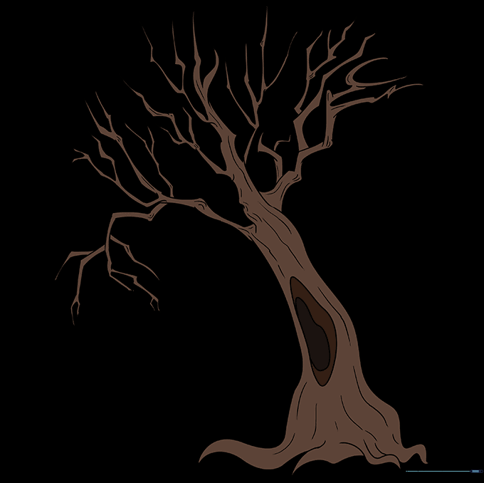 The completed dead tree drawing, colored in earthy tones with added depth and shading.