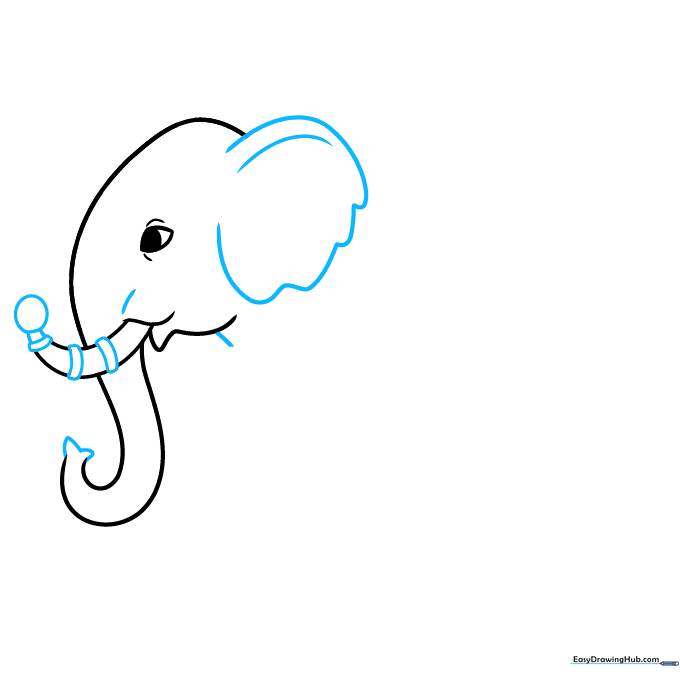 Drawing the elephant's ear and adding decorative bands to the tusk.