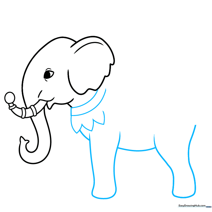 Sketching the elephant's torso and adding a decorative collar fringe.