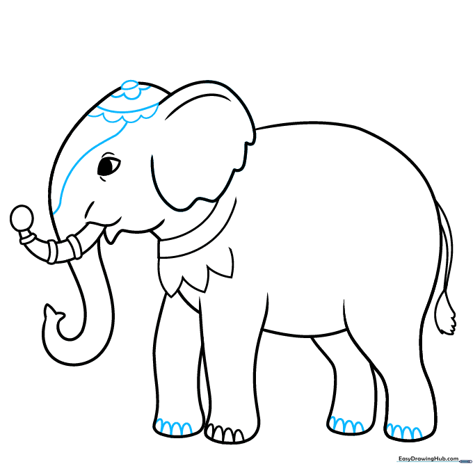 Drawing a detailed, scalloped headdress on the elephant's head.