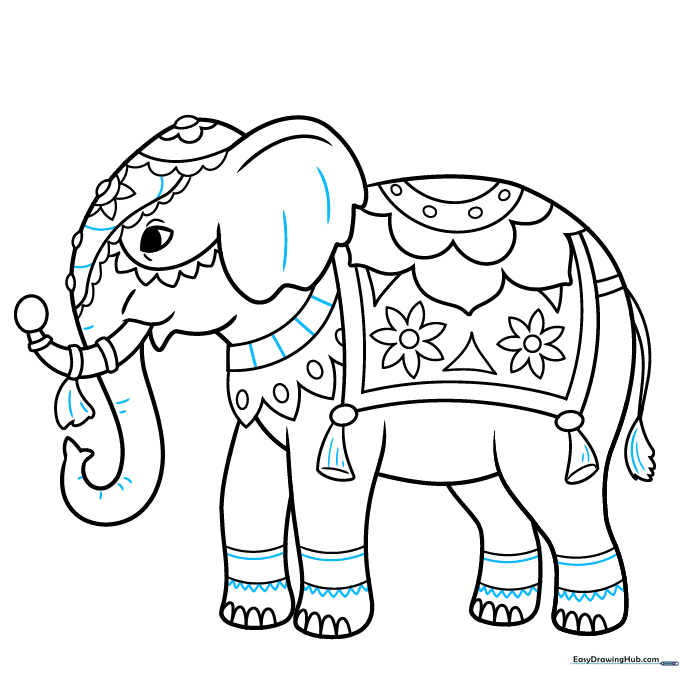 Refining the final outline of the decorated elephant.
