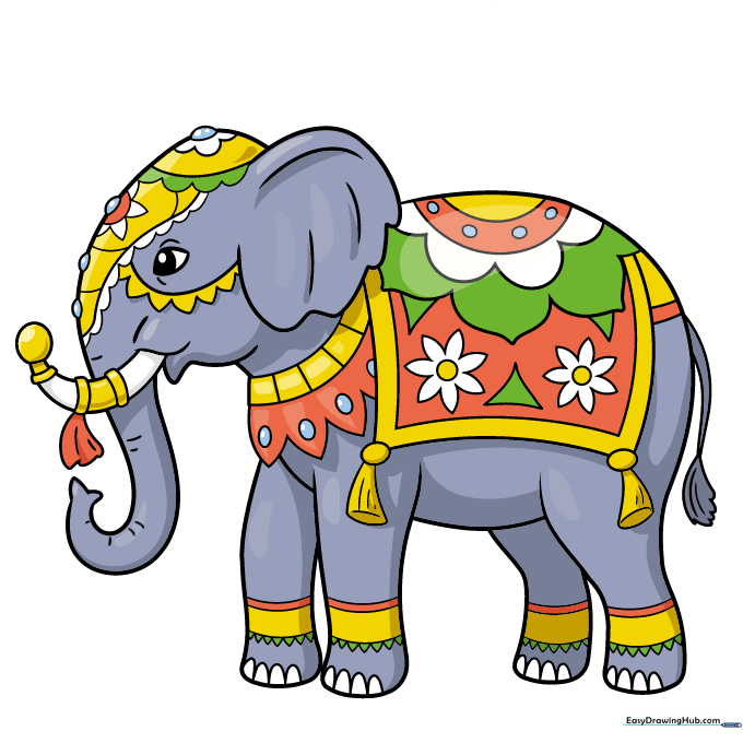 A fully colored and decorated Indian elephant drawing.