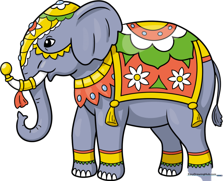 A vibrant, fully colored decorated Indian elephant, showcasing the final result of the tutorial.