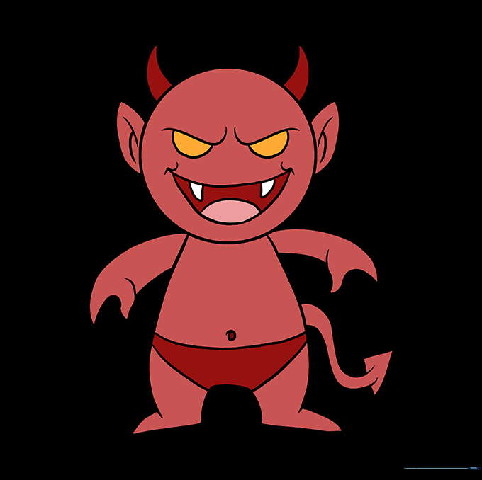 The completed demon drawing fully colored in red.