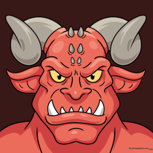A colorful, finished cartoon demon face illustration for kids.