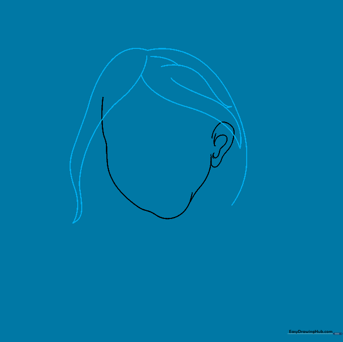 Drawing the top section of the hair using pointed, curved lines.