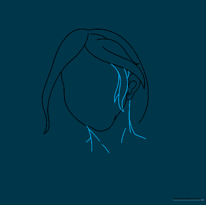 Adding side bangs and the neck structure to the character sketch.
