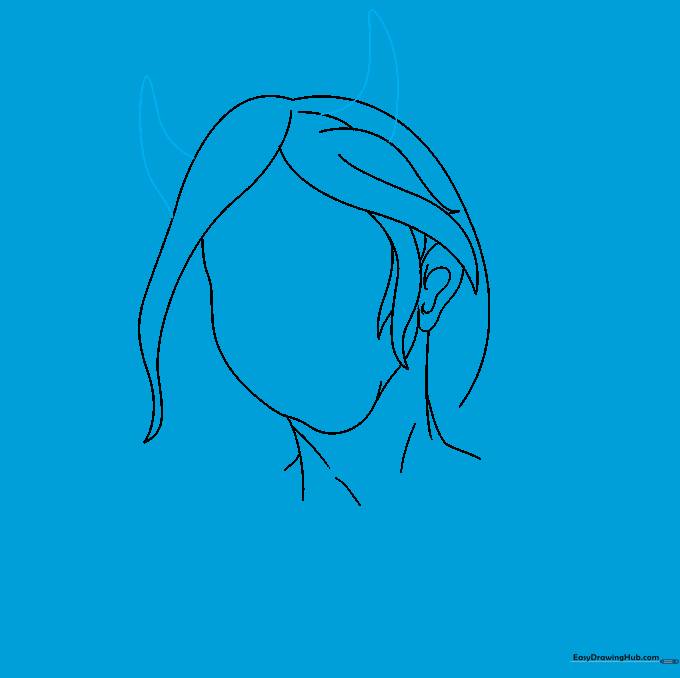 Sketching two curved, pointed horns on top of the character's head.
