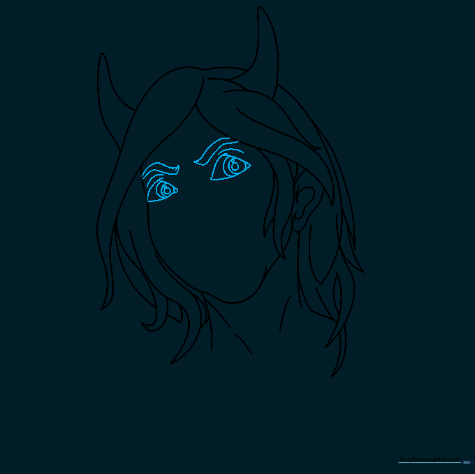 Detailed drawing of the eyes, pupils, and eyebrows.
