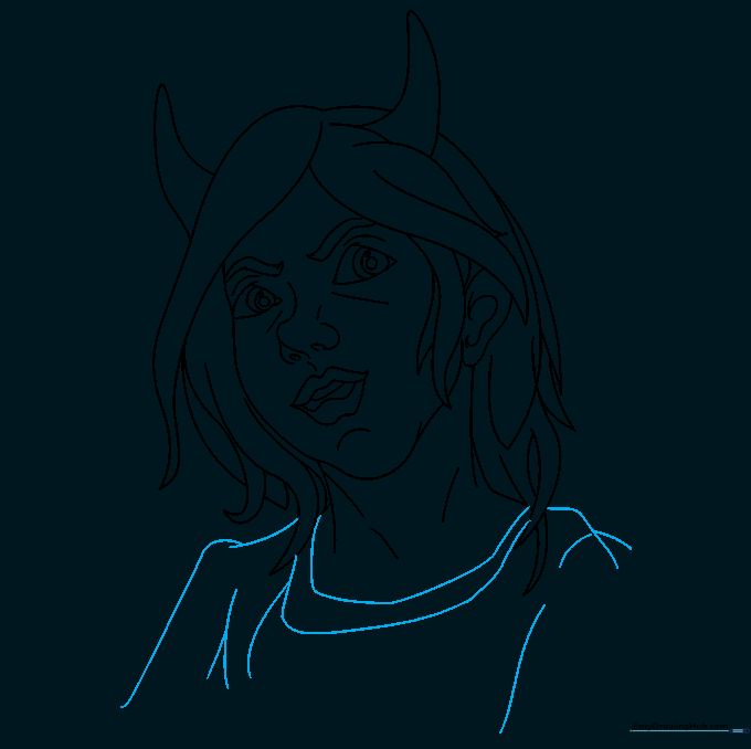 Drawing the collar and shoulder lines of the character's shirt.