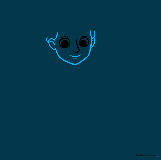 Outline of a cartoon face showing the chin, ears, and a smiling mouth.