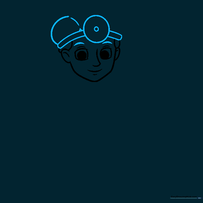 Cartoon dentist face with a head mirror and headband added.