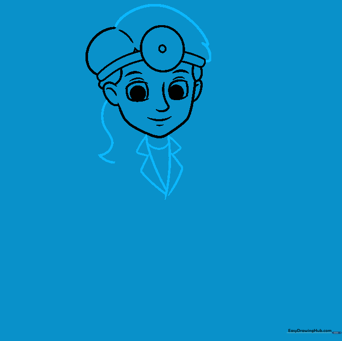 Drawing the hair, ponytail, and the collar of a professional lab coat.
