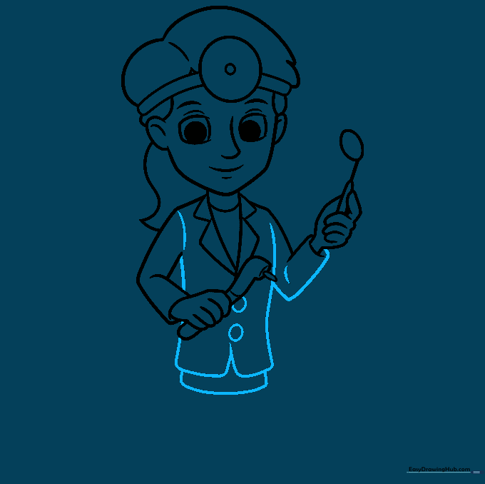 Completing the lab coat with buttons and the skirt outline.