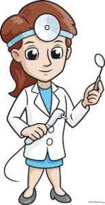 A friendly cartoon dentist holding tools, ready for a coloring activity.