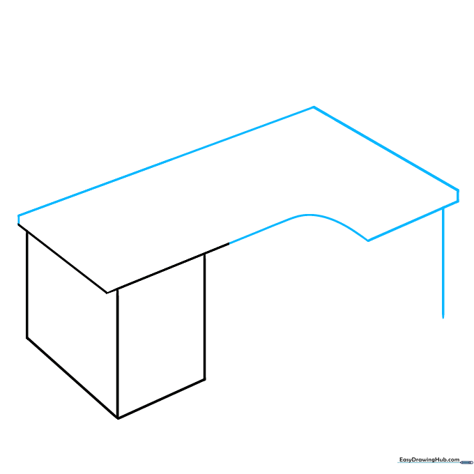 Drawing the side profile of the desk using diagonal lines and a curve.