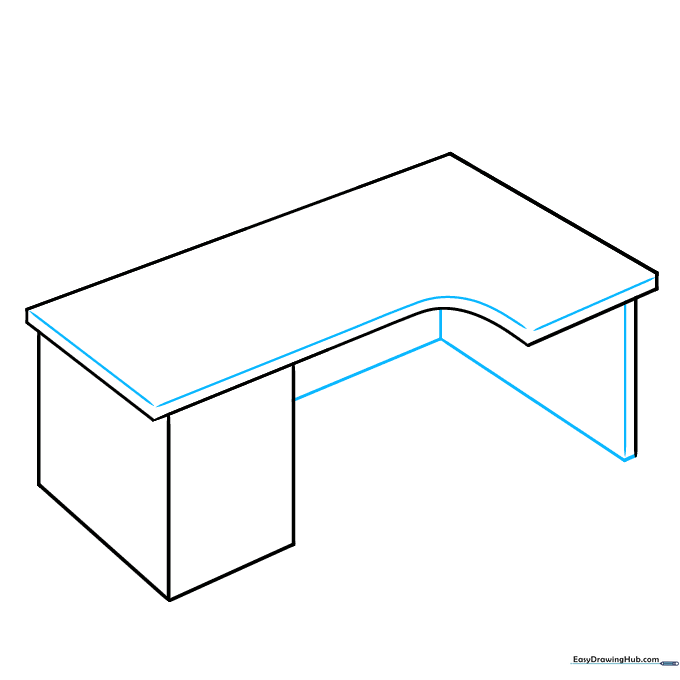 Adding vertical lines to define the desk's drawer cabinet.