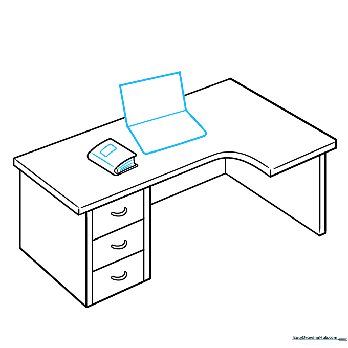 Drawing the base of a laptop on the desk using perspective lines.