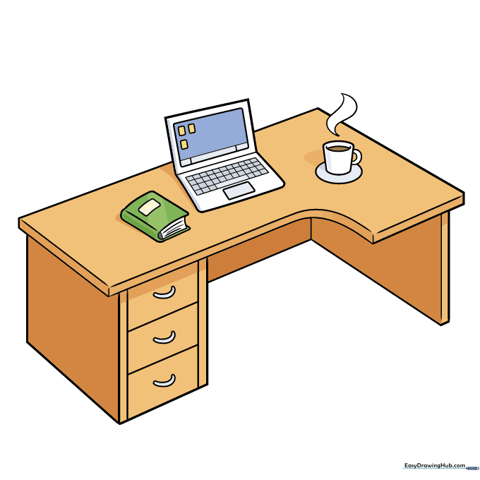 Final colored drawing of a desk with a laptop and coffee mug.