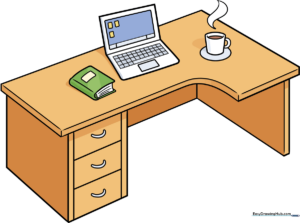 A colorful, finished illustration of a desk, perfect for kids' art projects.