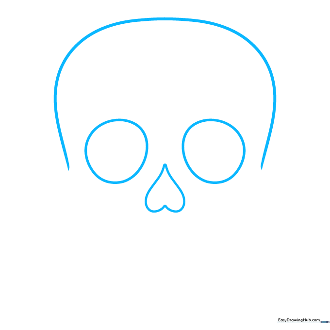 Pencil sketch showing the top arch of a skull, two large eye circles, and an inverted heart-shaped nose.