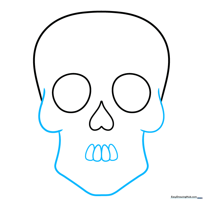 Skull outline showing the addition of cheekbones, a jawline, and four rounded teeth shapes.