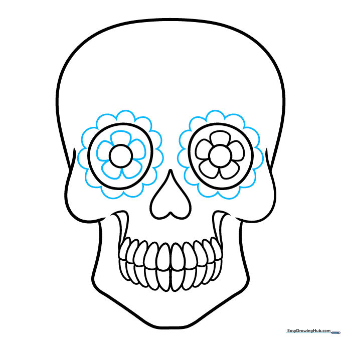 Skull drawing with both eye sockets decorated with flower petals and scalloped borders.
