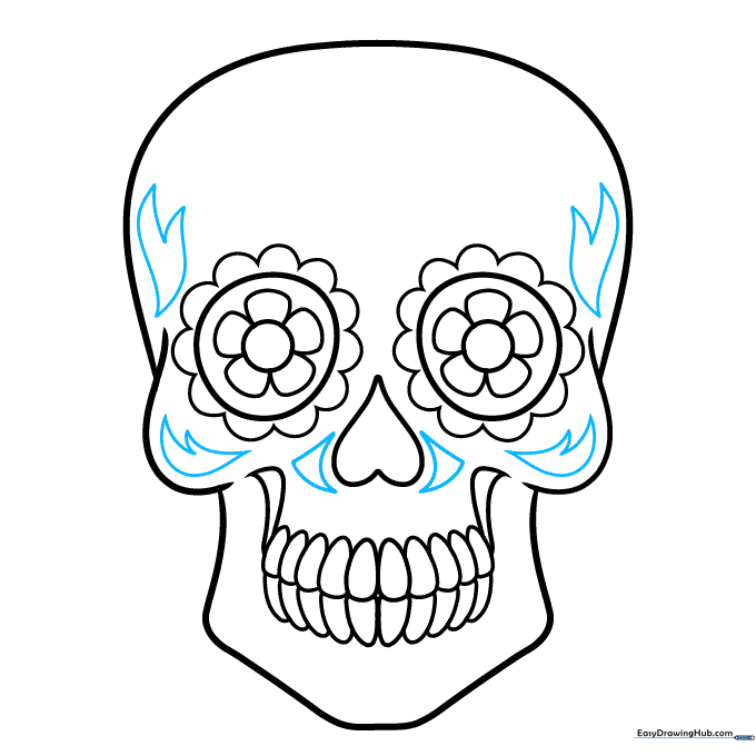 Skull drawing with decorative triangles by the nose and flame-like patterns on the cheekbones.