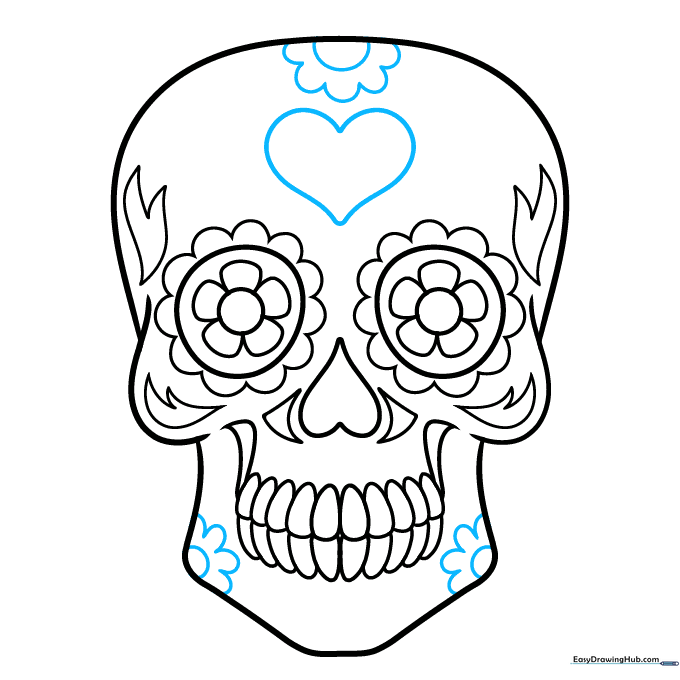Skull drawing featuring a heart on the forehead, a large flower on top, and small flowers on the jaw.