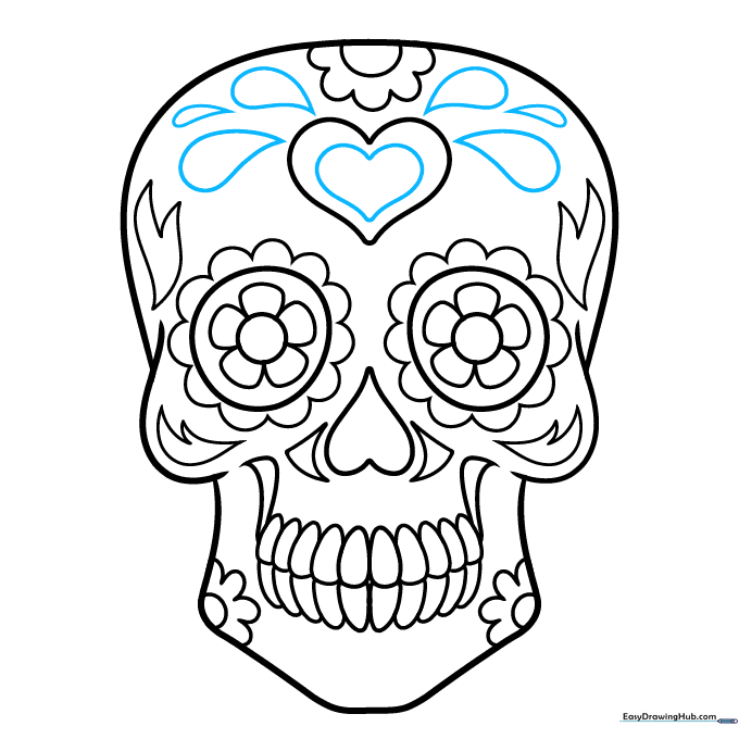 Skull drawing with detailed heart-within-a-heart and teardrop accents on the forehead.