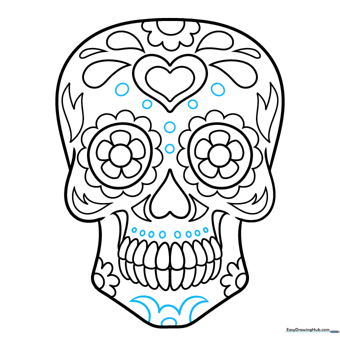Completed line art of a Dia de Los Muertos skull with all decorative patterns finished.
