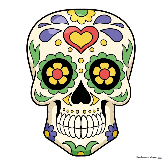 A fully colored and decorated Dia de Los Muertos skull with bright, festive colors.