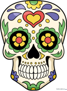 A vibrant, finished Dia de Los Muertos skull drawing, showcasing intricate floral patterns and bright colors.