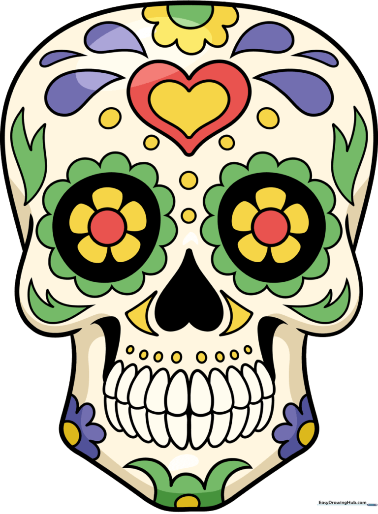 A vibrant, finished Dia de Los Muertos skull drawing, showcasing intricate floral patterns and bright colors.