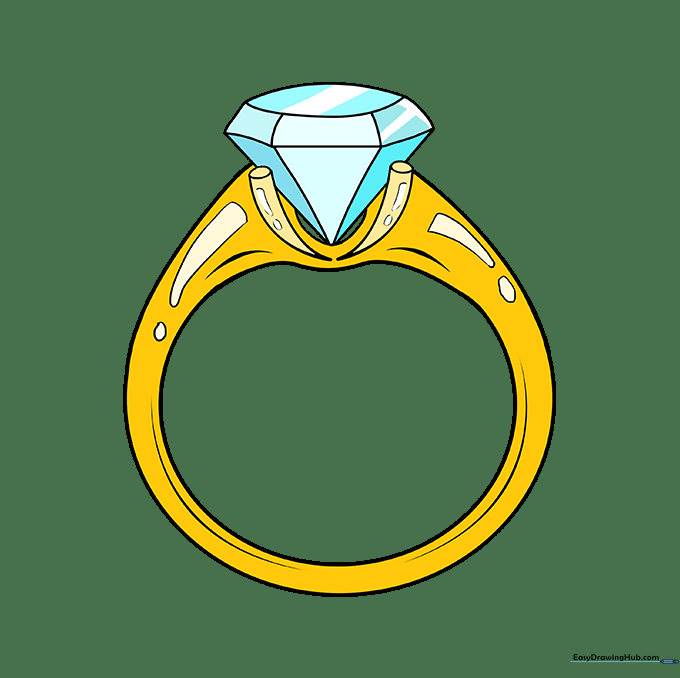A fully colored, finished drawing of a diamond ring with metallic and gemstone highlights.
