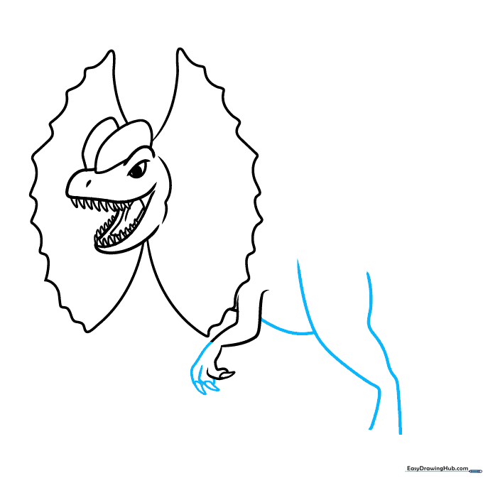 Sketching the belly and the muscular rear leg of the dinosaur.