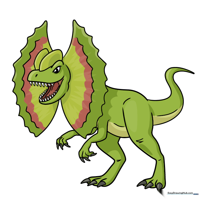 A fully colored Dilophosaurus with a vibrant crest and detailed skin.