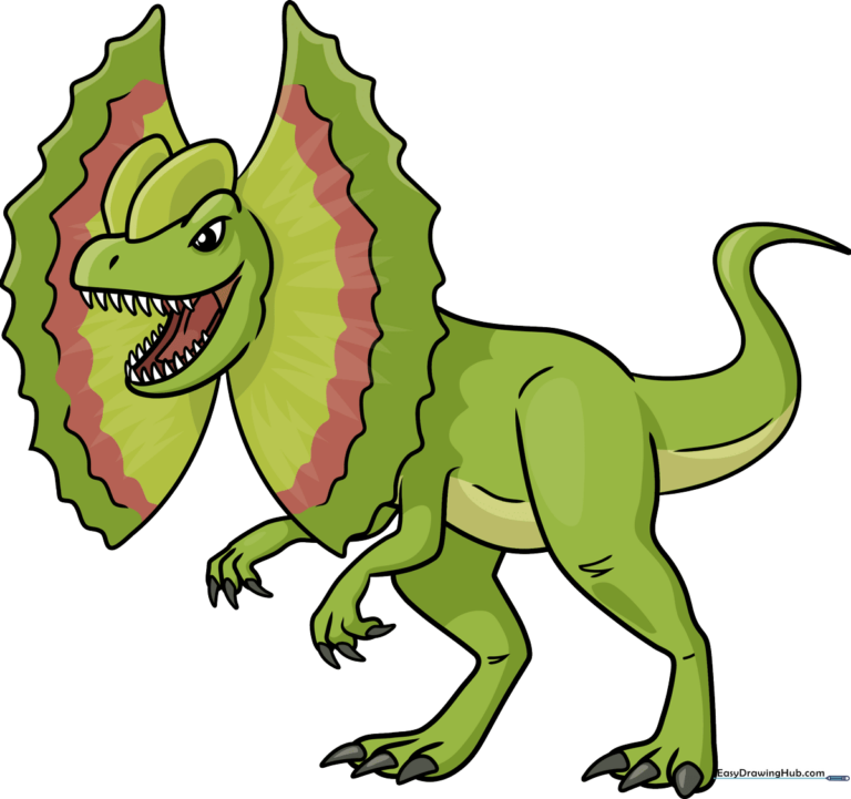 A colorful, finished drawing of a Dilophosaurus, showcasing its iconic twin crests.