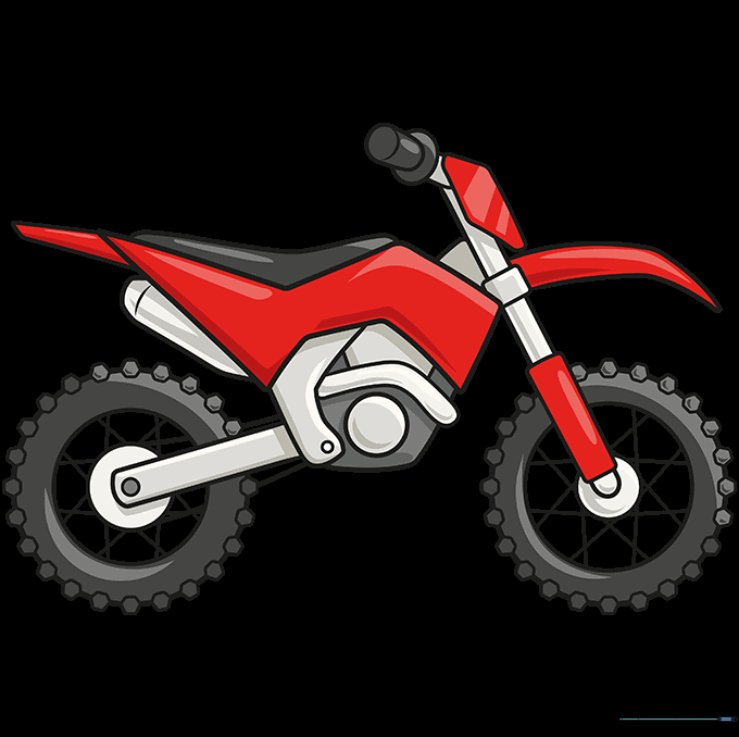 Completed and colored cartoon dirt bike drawing.