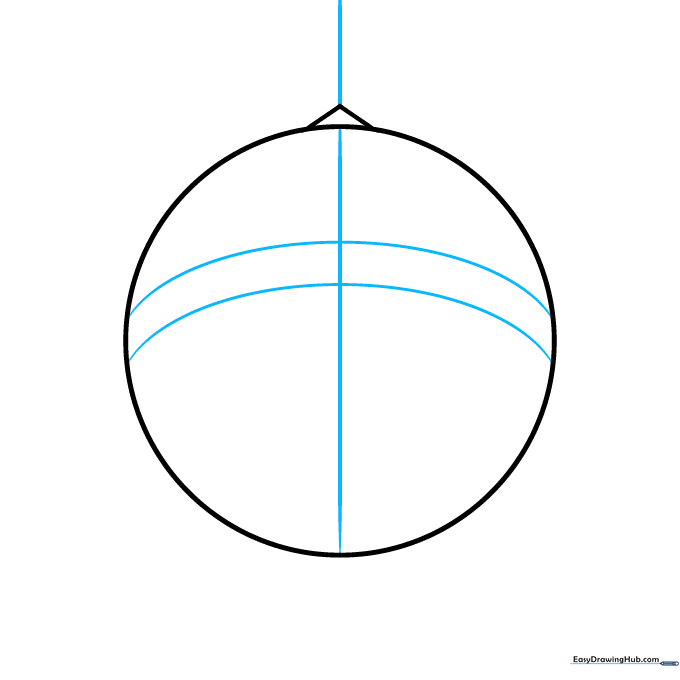 Adding a vertical center line and two horizontal curved lines to the circle to begin the grid pattern.
