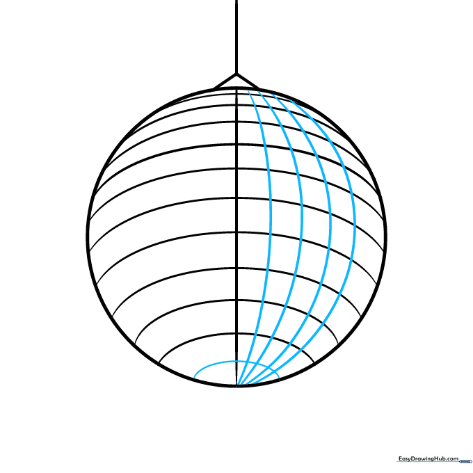 Drawing vertical curved lines over the existing horizontal ones to form a grid of squares on the disco ball.
