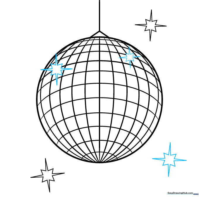 Adding additional stars of varying sizes to the disco ball and the surrounding area.