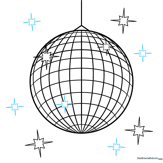 Tracing the main outline of the disco ball with a dark marker, keeping the stars clean.