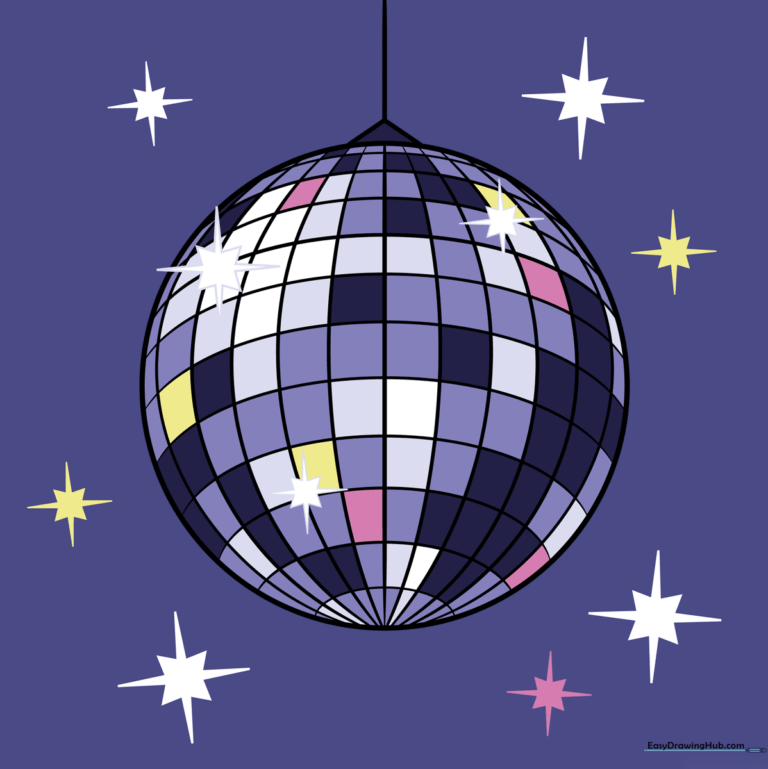 A colorful, finished disco ball drawing with sparkling stars, perfect for a party-themed art project.
