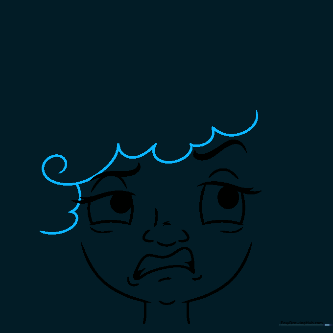 Initial sketch of curly hair using U-shaped and spiral lines around the face.