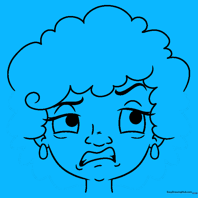 Completed line art of the disgusted face character with all hair and facial features finished.